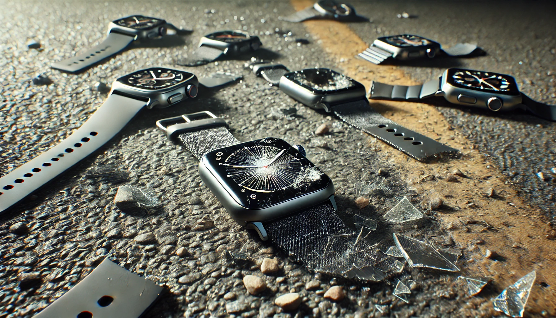 several crashed smartwatches lying on a rough, asphalt road. The smartwatches are visibly damaged, with cracked screens and broken parts scattered around.