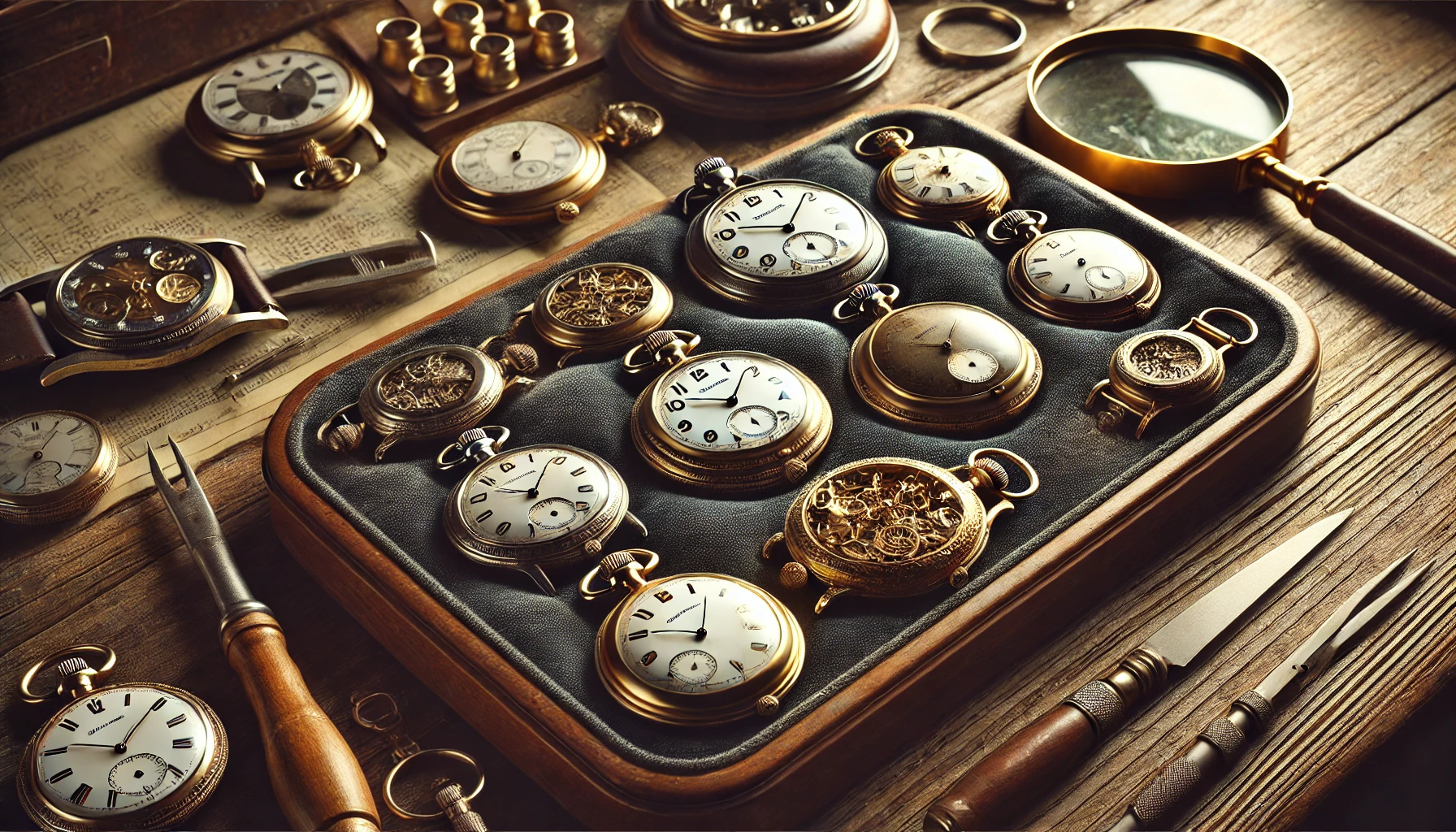 a collection of vintage pocket watches displayed on a velvet tray.