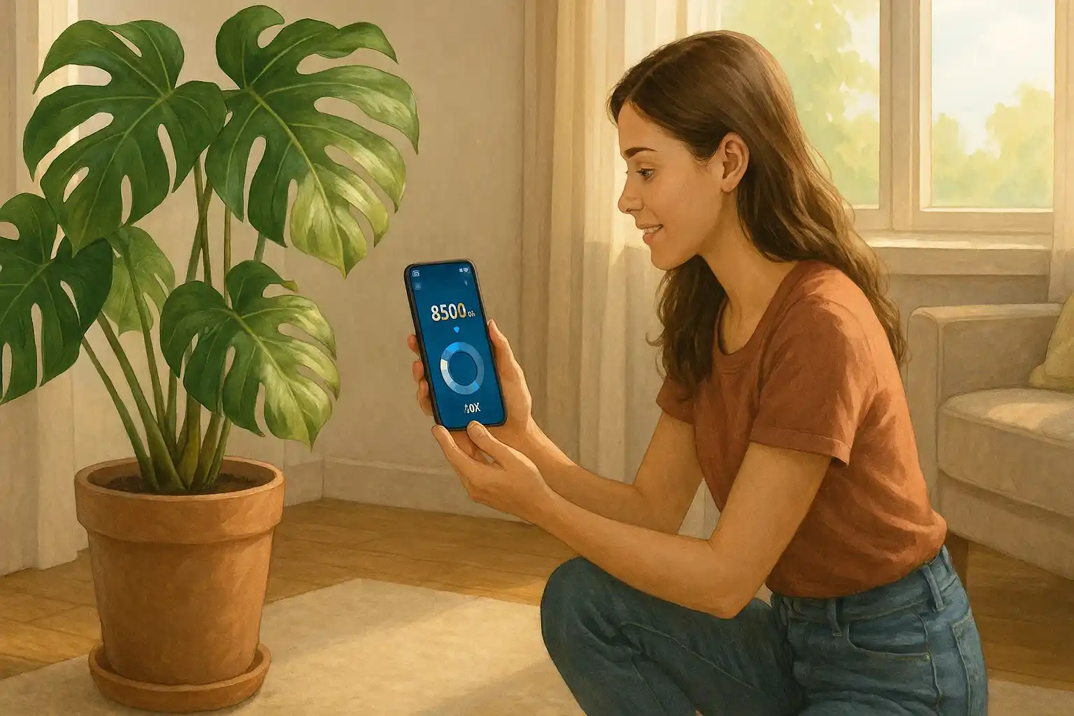 A young woman kneels on a rug in her living room, using a smartphone light meter app reading 8500 lux to measure sunlight near a large potted monstera by a bright window.