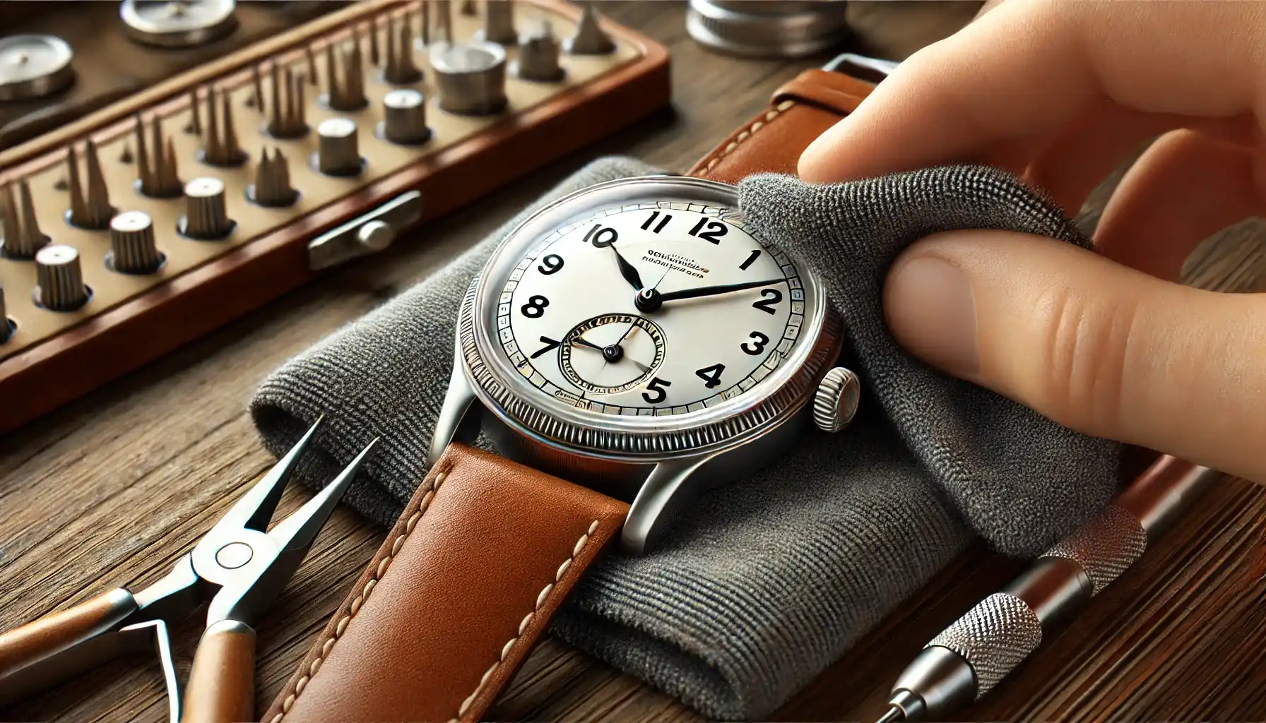 A vintage watch is being carefully cleaned with a microfiber cloth.