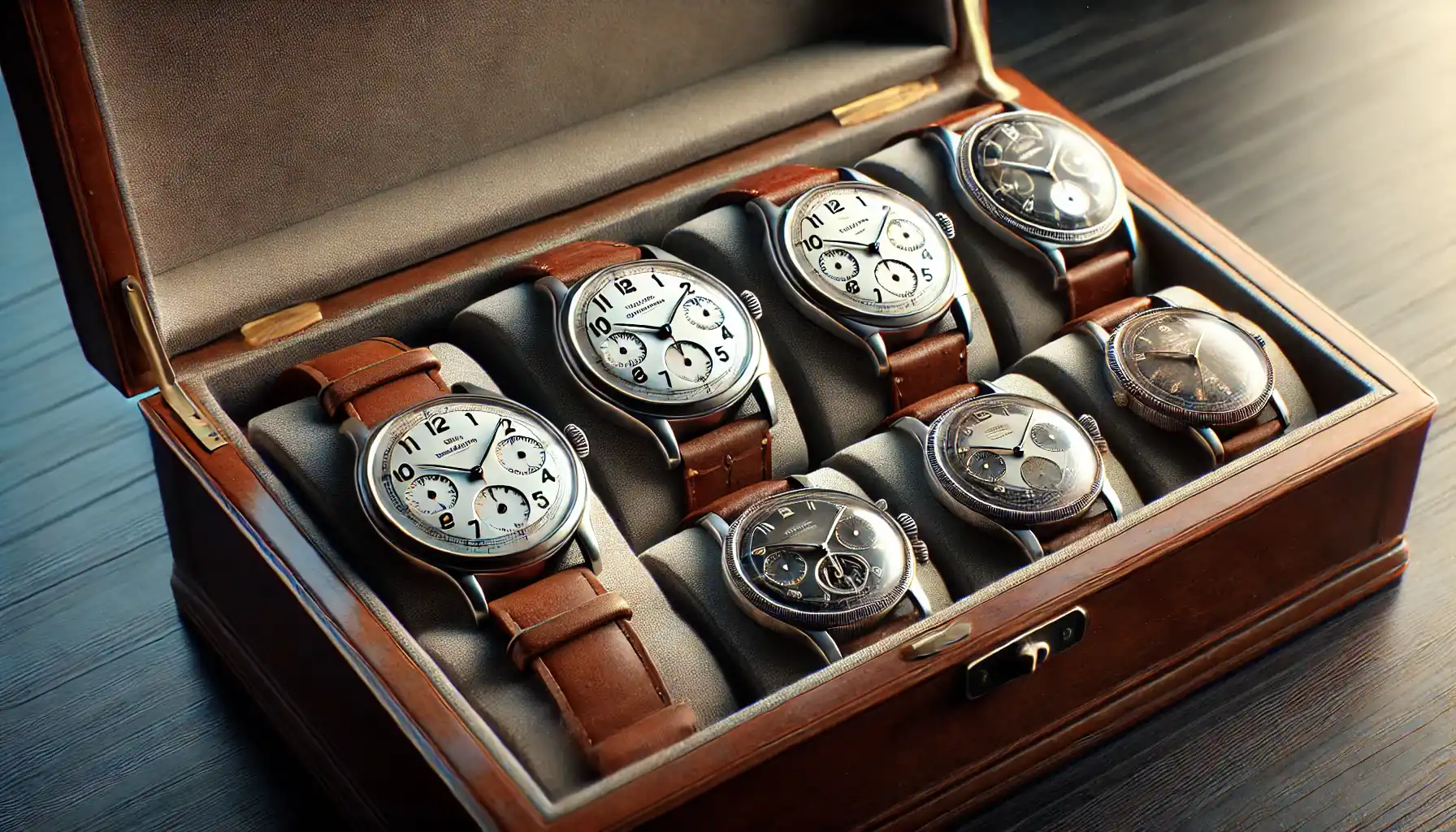 A collection of vintage watches is displayed in a high-quality watch box.