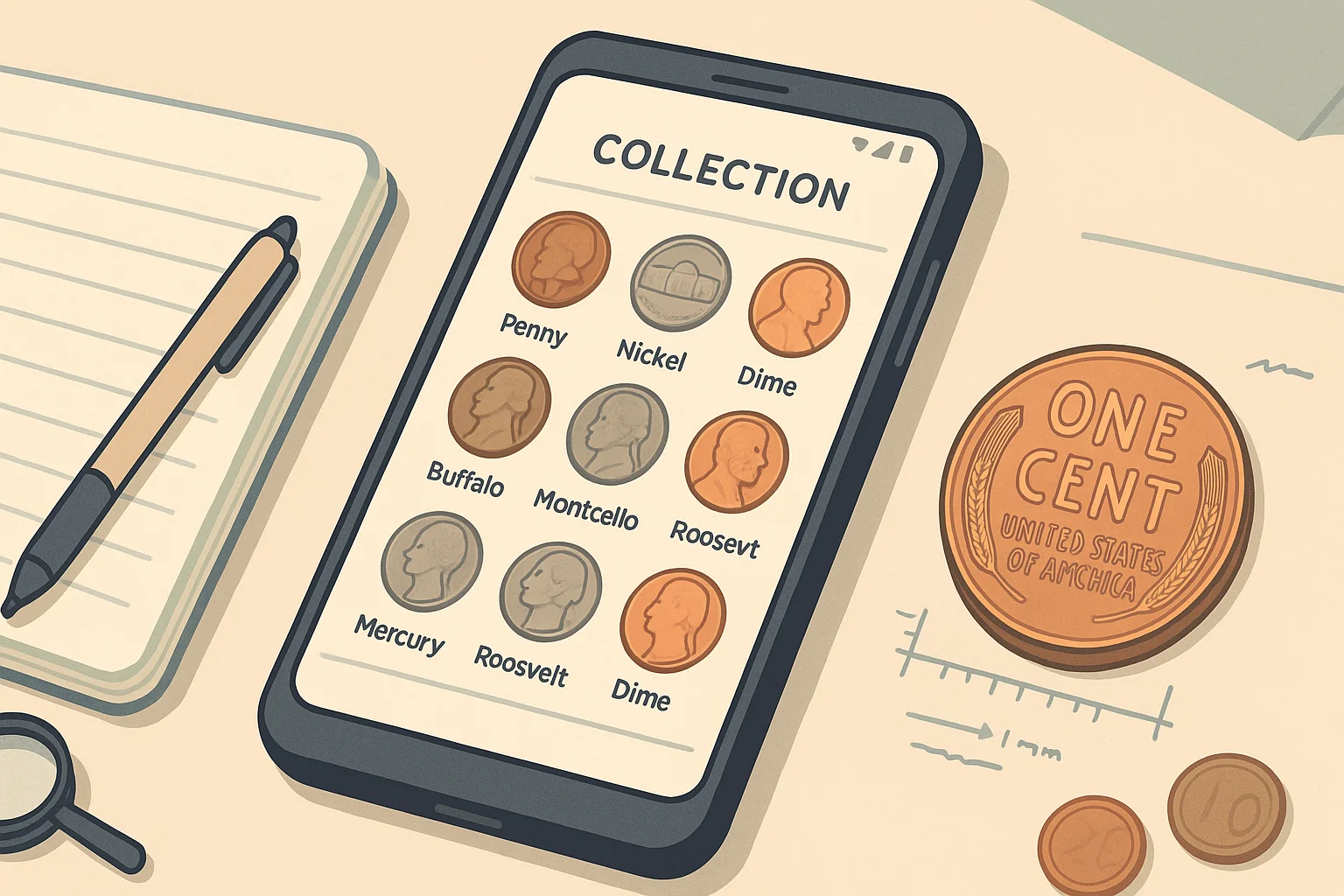 A coin catalog shown on the Android phone screen.