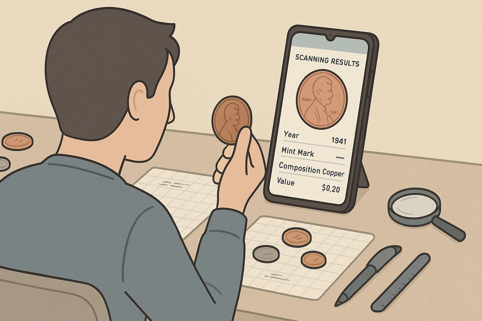 A collector comparing notes with a digital coin analysis.