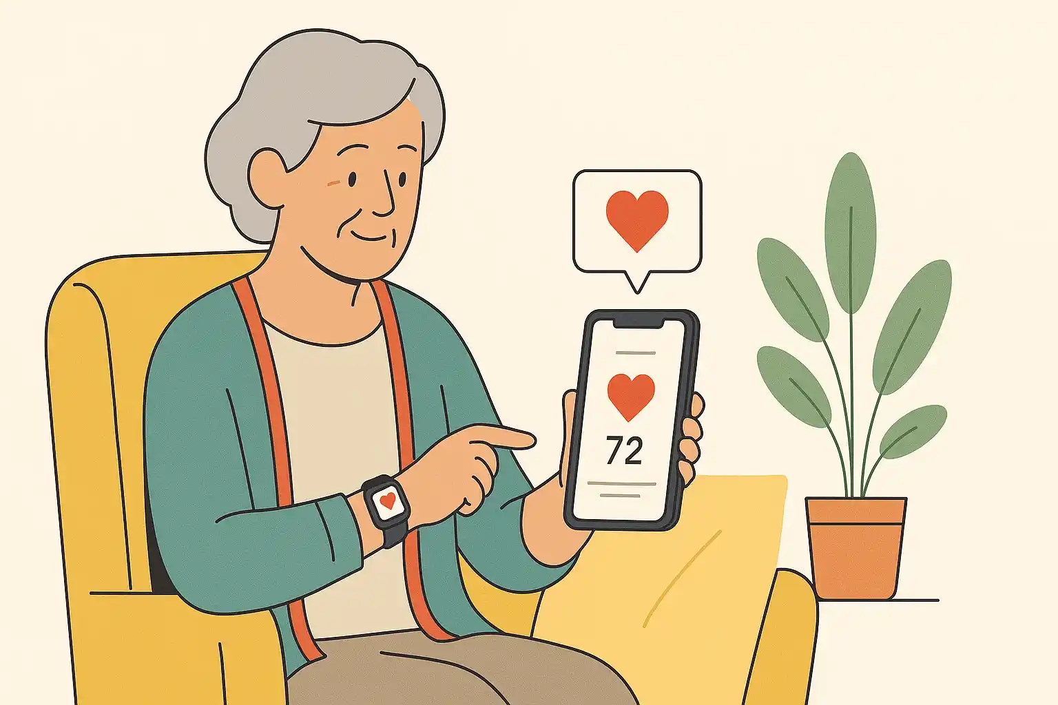 An elderly woman is using a smart watch to monitor heart rate.