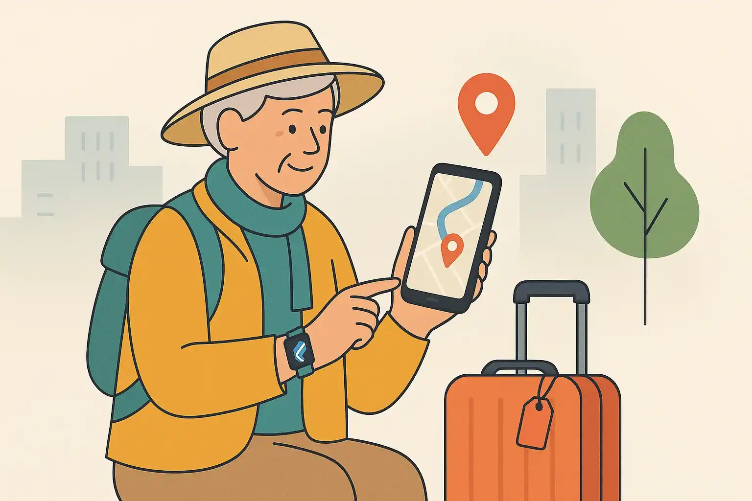 An elderly traveller is using simple online maps to navigate.
