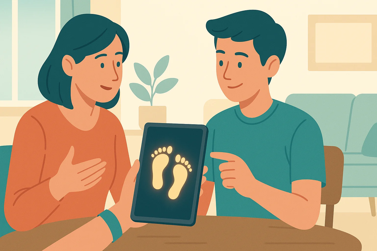 A family is discussing a digital print together.