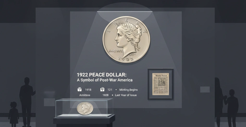 A museum exhibit focused on the 1922 Peace Dollar with soft lighting